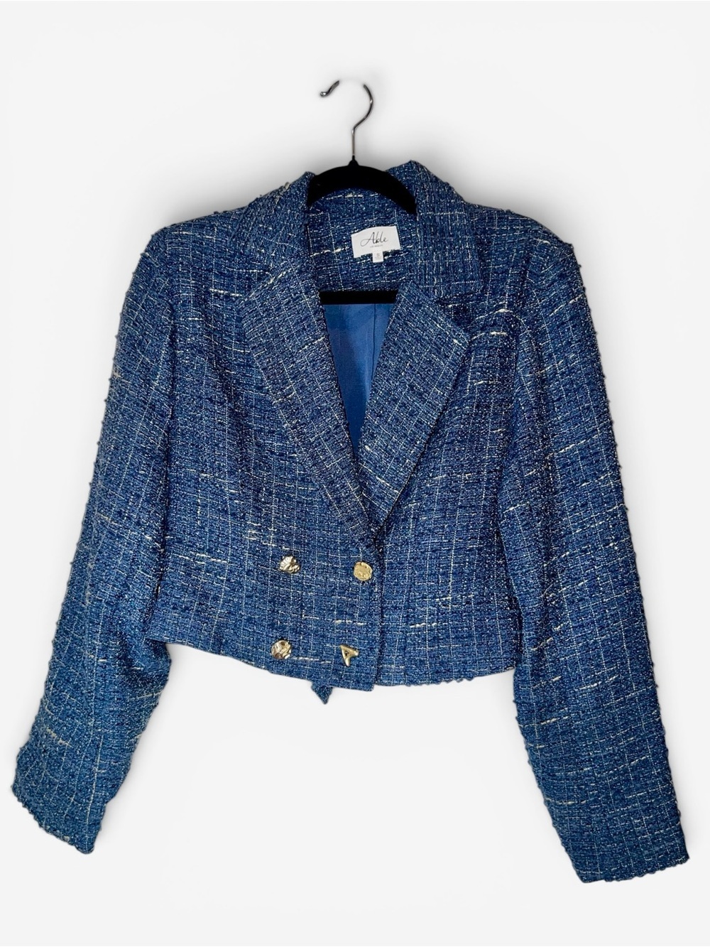 Able Los Angeles Blue Tweed Cropped Blazer Jacket NWOT Sample Piece Size Small